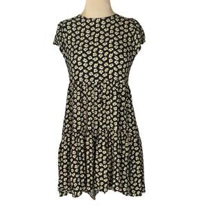 American Eagle Black Daisy Dress Small Tie Neck Keyhole Back Mini Floral